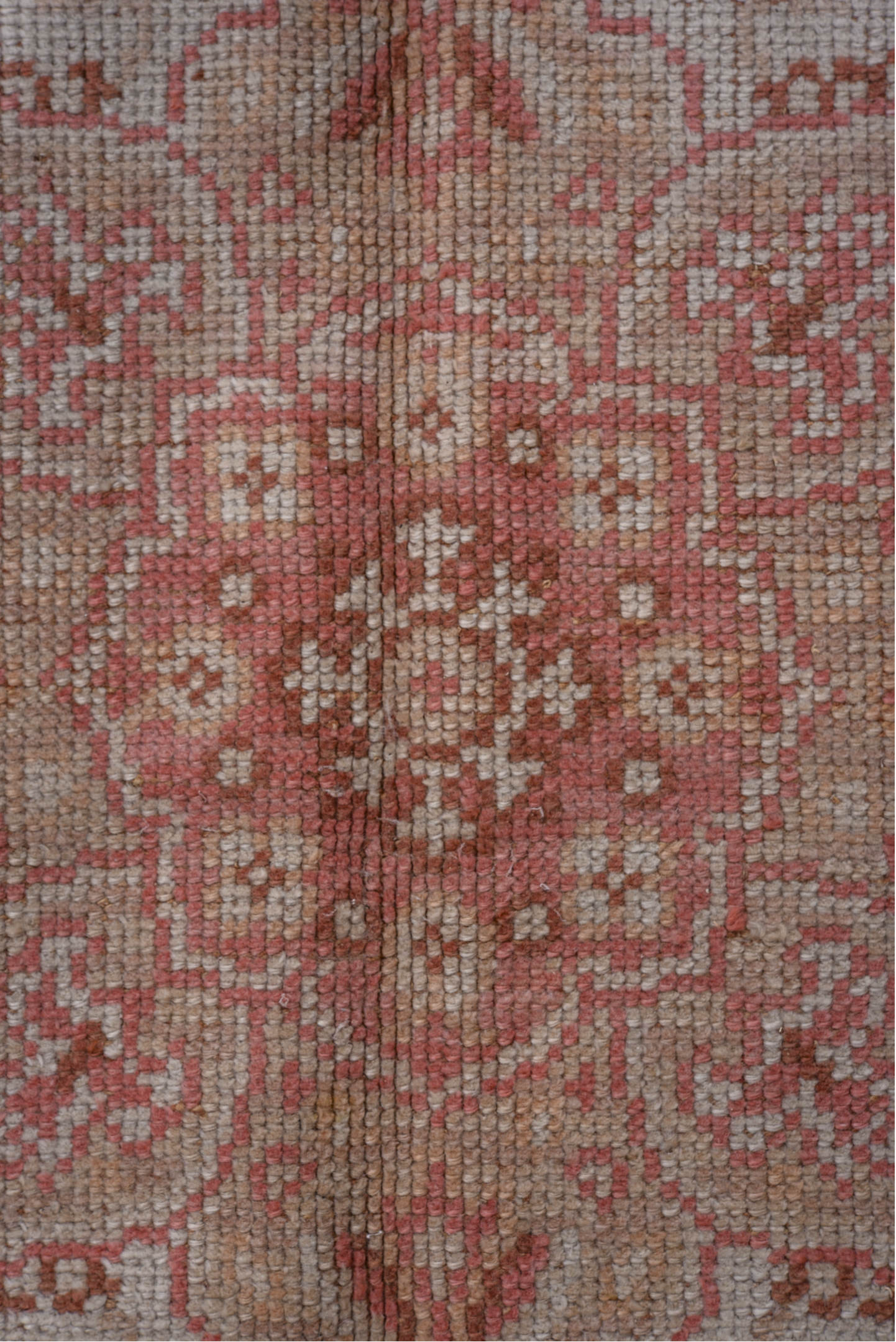 6' x 9' one-of-a-kind handmade vintage Oushak medium size rug. Color palette: brown, gray, light gray, off-white, pink, red