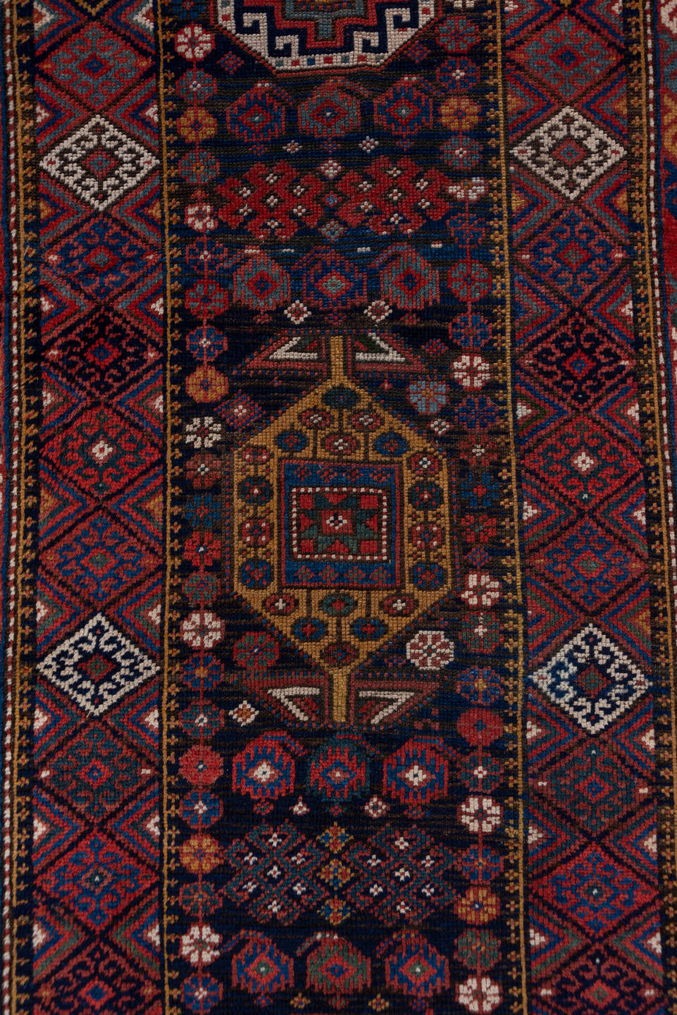 3' x 15' one-of-a-kind handmade vintage Kurd runner rug. Color palette: gray, blue, brown, red, black, pink, off-white