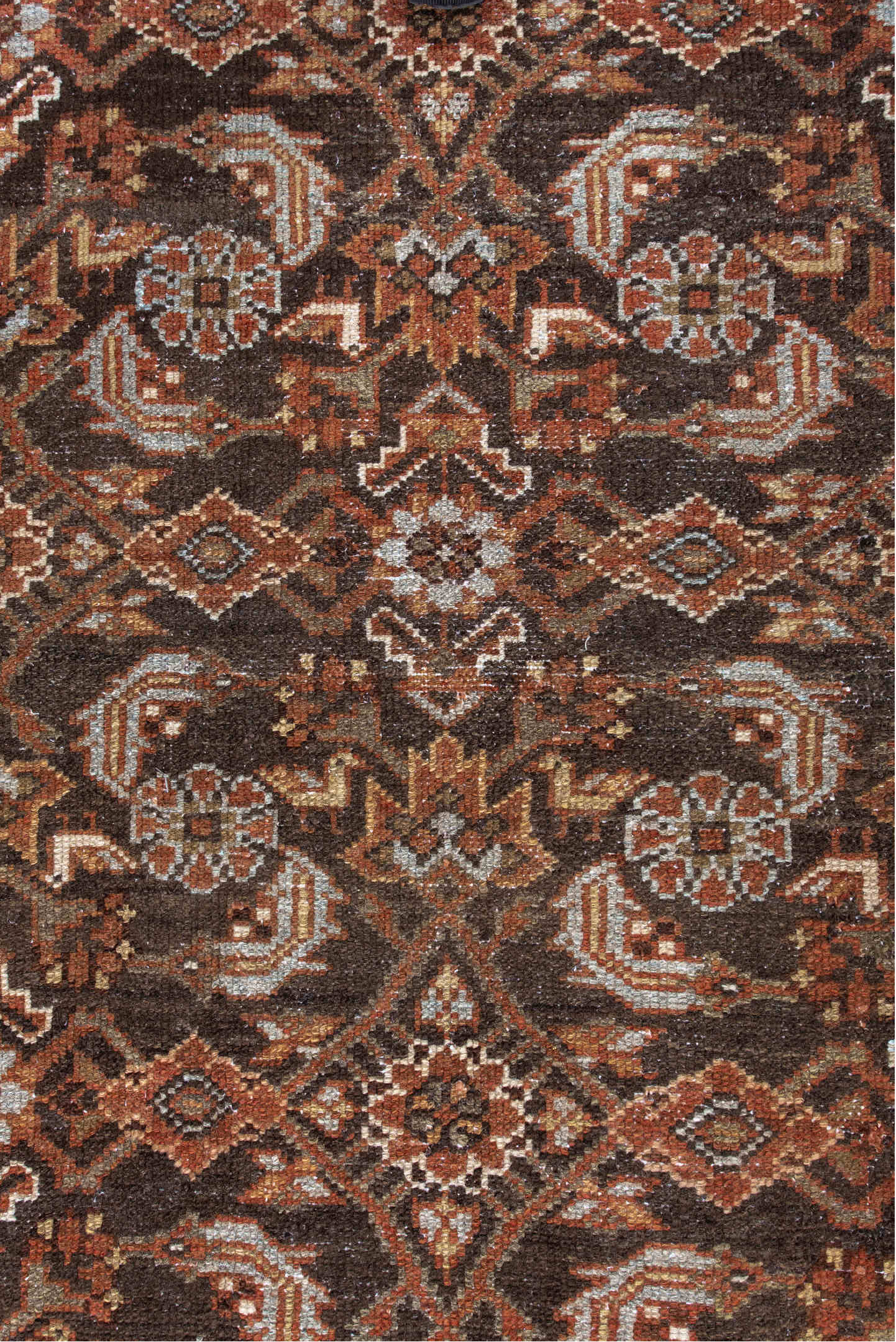 4' x 6' one-of-a-kind handmade vintage Malayer small size rug. Color palette: brown, dark gray, gainsboro, gray, light gray