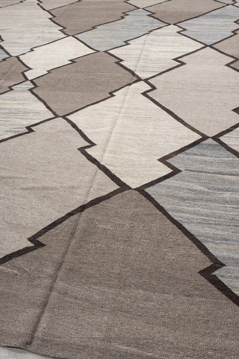 10' x 13' one-of-a-kind handmade vintage Tulu large size rug. Color palette: gray, light gray, off-white, black, silver