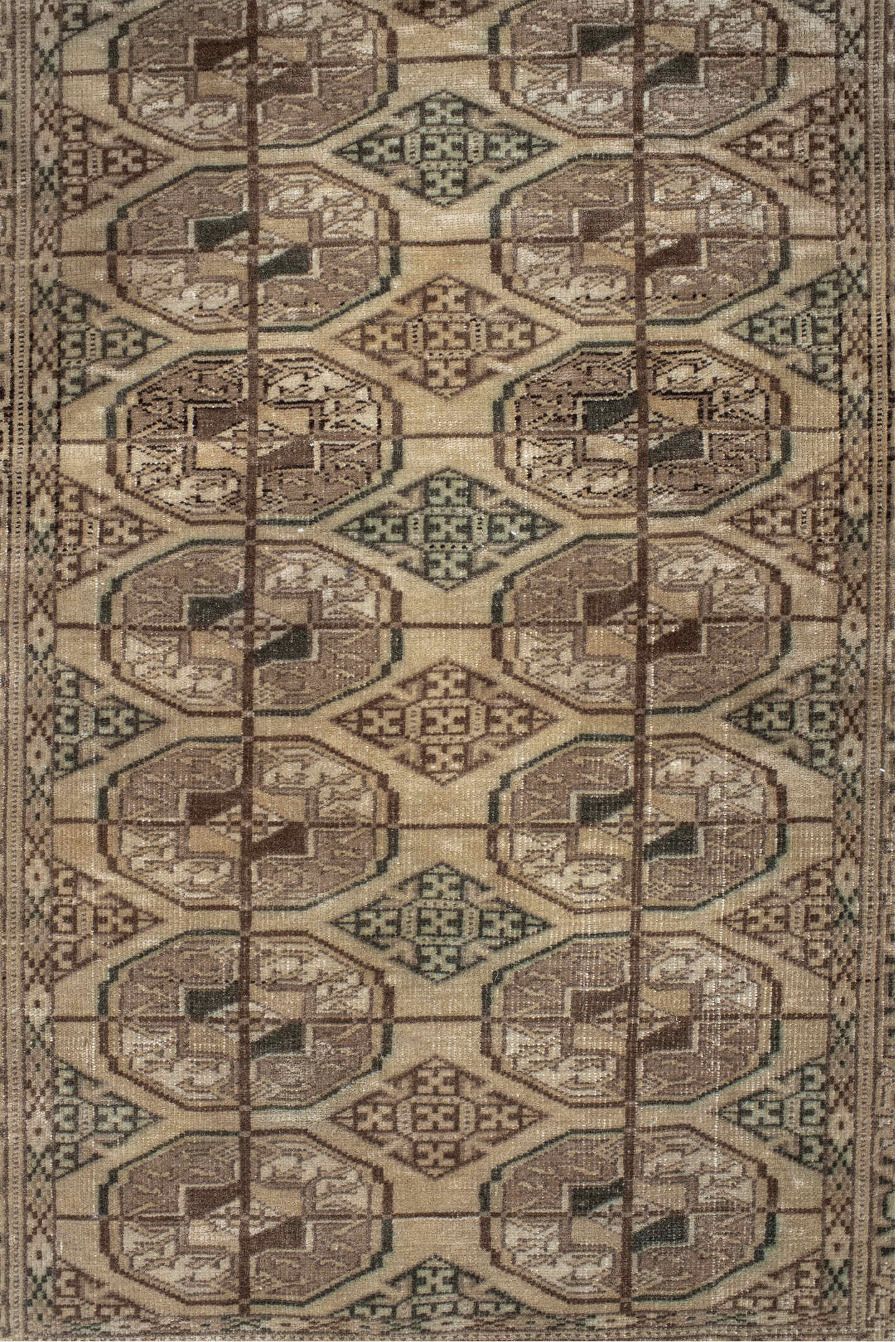 2' x 3' one-of-a-kind handmade vintage Bokara small size rug. Color palette: brown, gray, off-white, light gray