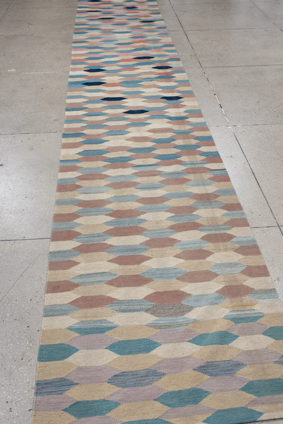 3' x 16' one-of-a-kind handmade vintage Kilim runner rug. Color palette: blue, brown, dark gray, dim gray, gray, light gray
