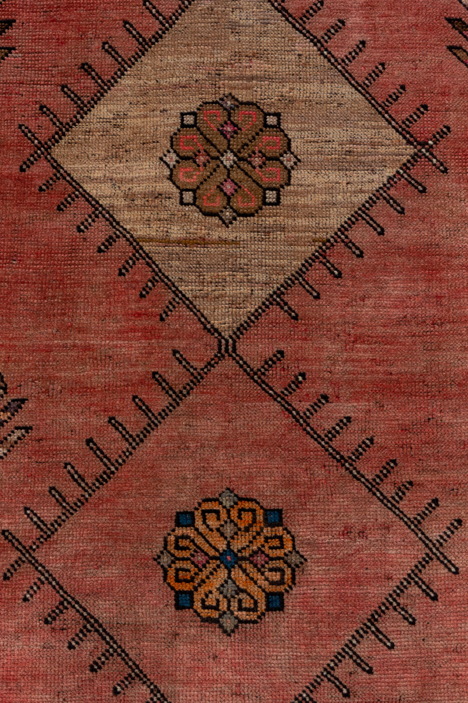 4' x 12' one-of-a-kind handmade vintage Oushak runner rug. Color palette: black, blue, brown, gray, pink, red