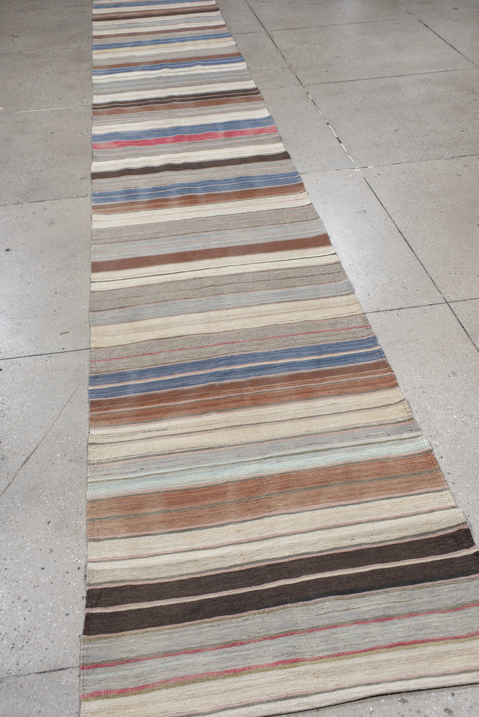 2' x 16' one-of-a-kind handmade vintage Kilim runner rug. Color palette: gray, blue, light gray, off-white, brown, pink, red