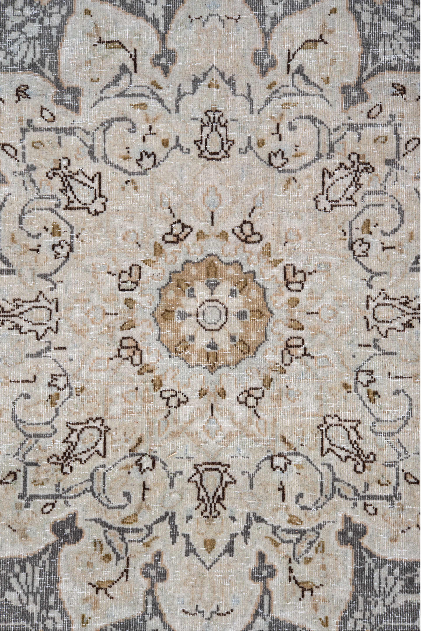 9' x 12' one-of-a-kind handmade vintage Kerman large size rug. Color palette: black, brown, dark gray, dim gray, gainsboro