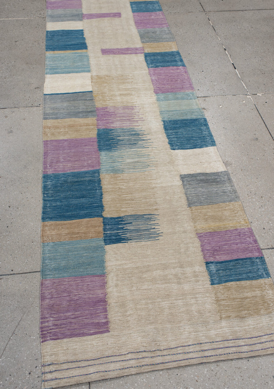 2' x 9' one-of-a-kind handmade vintage Kilim runner rug. Color palette: gray, light gray, off-white, brown, pink, blue