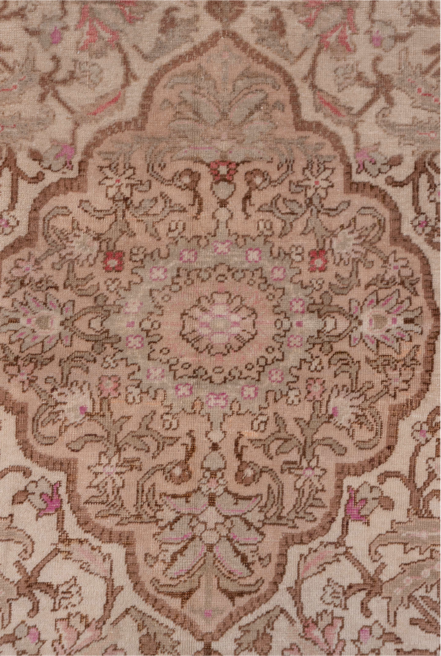 4' x 7' one-of-a-kind handmade vintage Oushak rug. Color palette: brown, gray, light gray, off-white, orange, pink