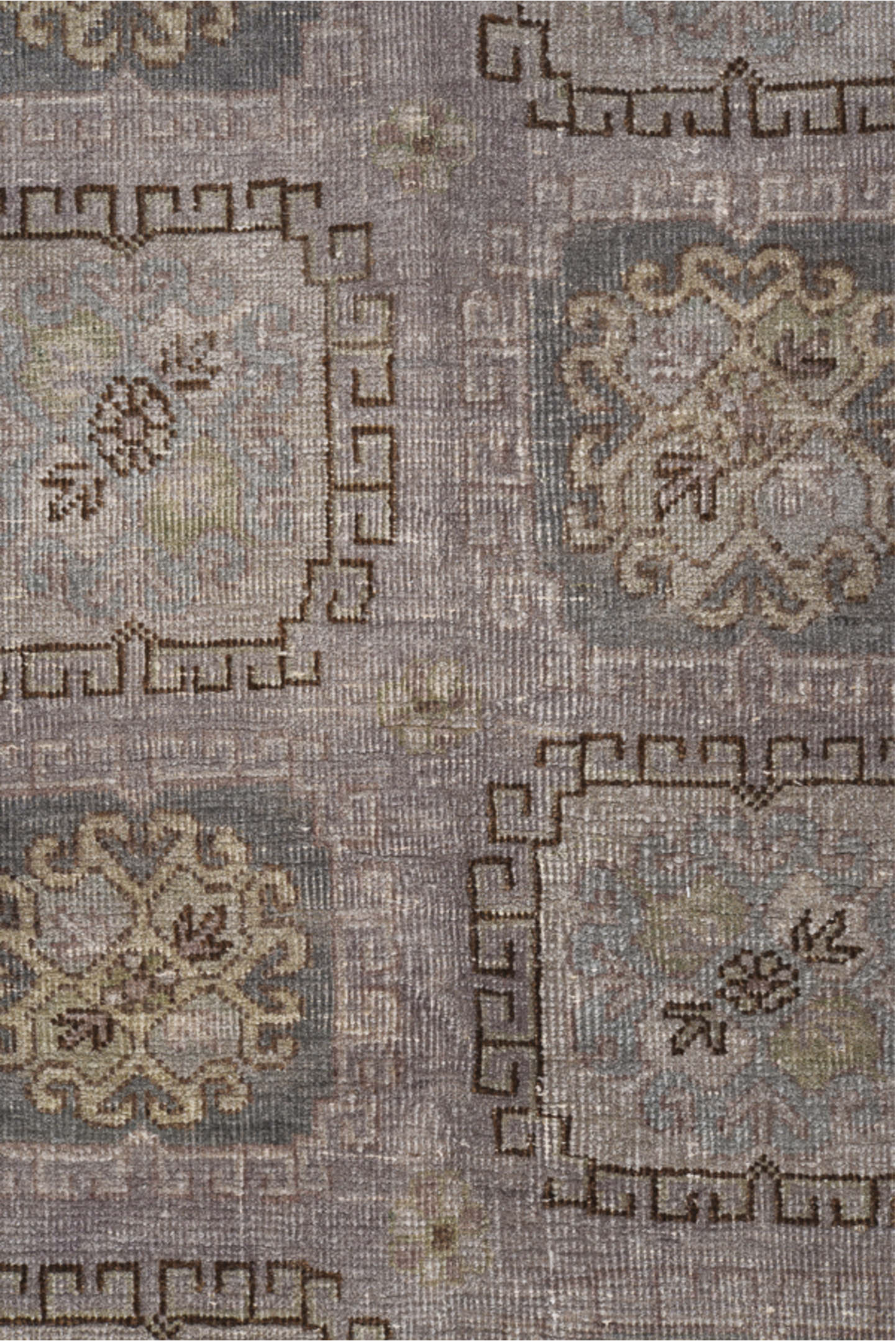 4' x 8' one-of-a-kind handmade vintage Khotan rug. Color palette: brown, dim gray, gray, light gray, pink