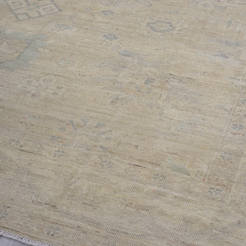 8' x 9' one-of-a-kind handmade vintage Oushak rug. Color palette: black, brown, gray, light gray, off-white, pink