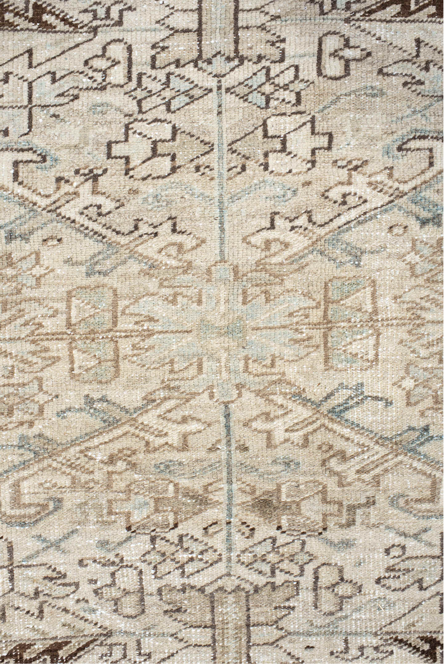 7' x 8' one-of-a-kind handmade vintage Heriz rug. Color palette: gray, off-white, brown, light gray, pink, linen, seashell
