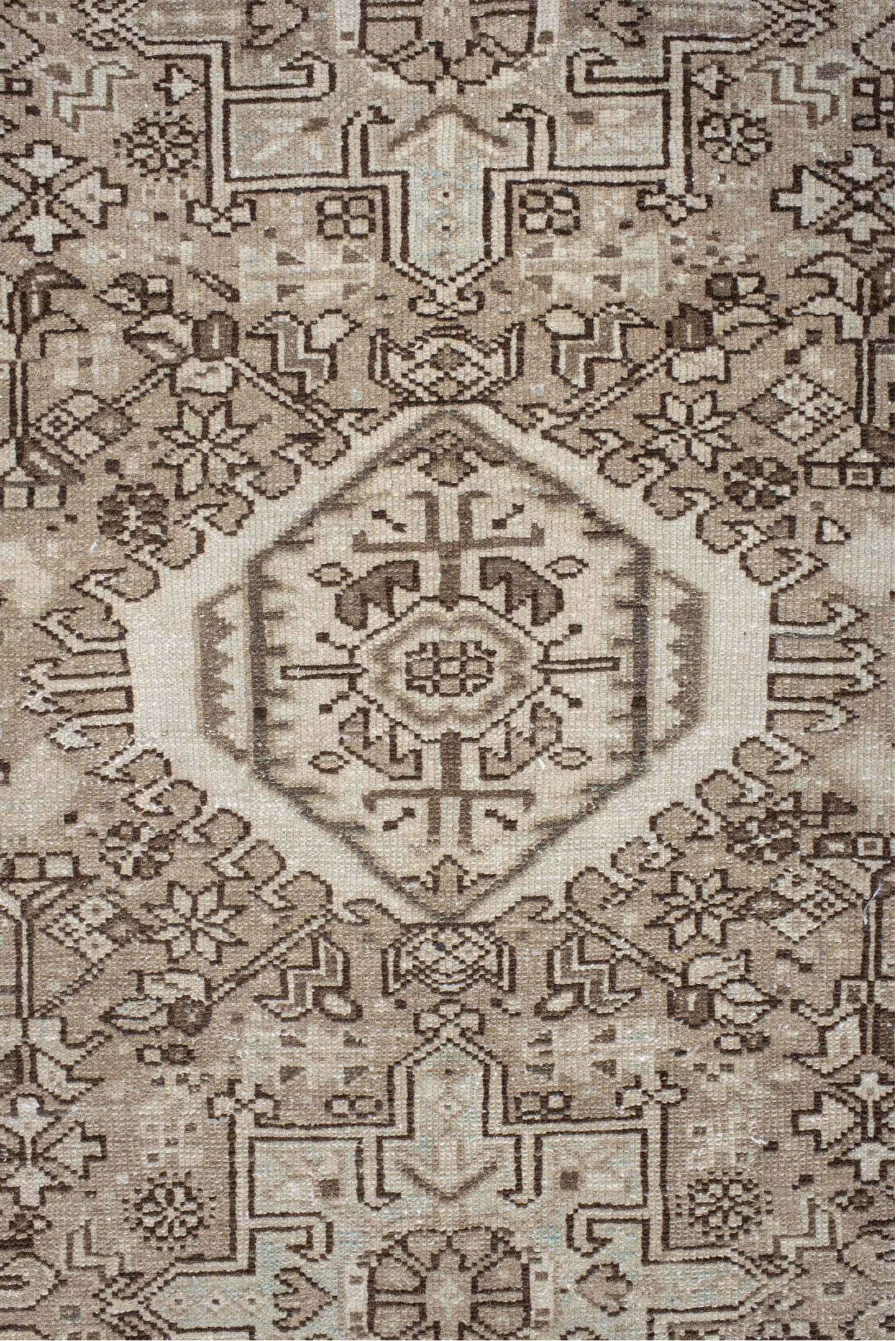 7' x 10' one-of-a-kind handmade vintage Karaje large size rug. Color palette: black, brown, gray, light gray, off-white