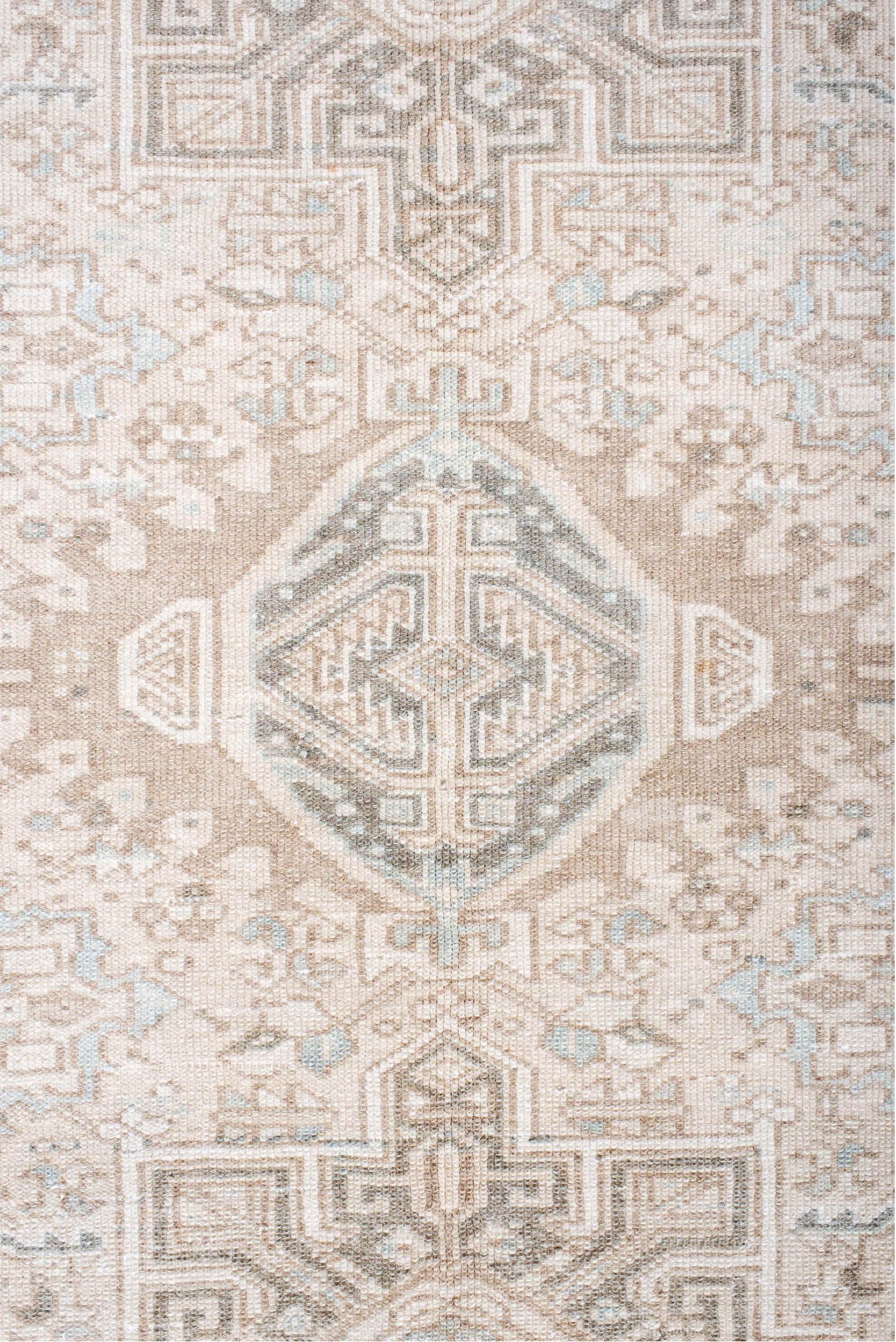 4' x 12' one-of-a-kind handmade vintage Karaje runner rug. Color palette: antiquewhite, dark gray, gainsboro, gray