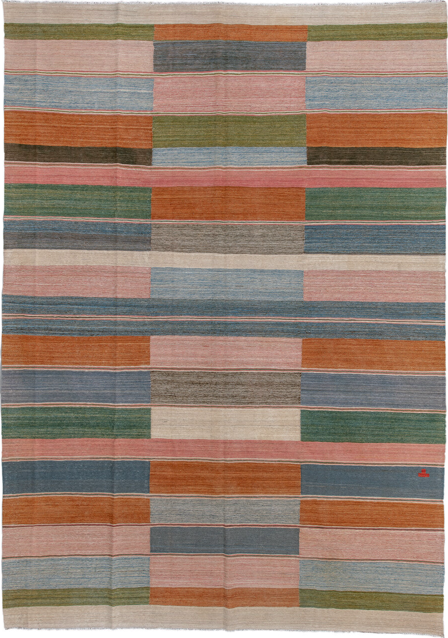 8' x 12' one-of-a-kind handmade vintage Kilim large size rug. Color palette: blue, brown, dark gray, gray, light gray