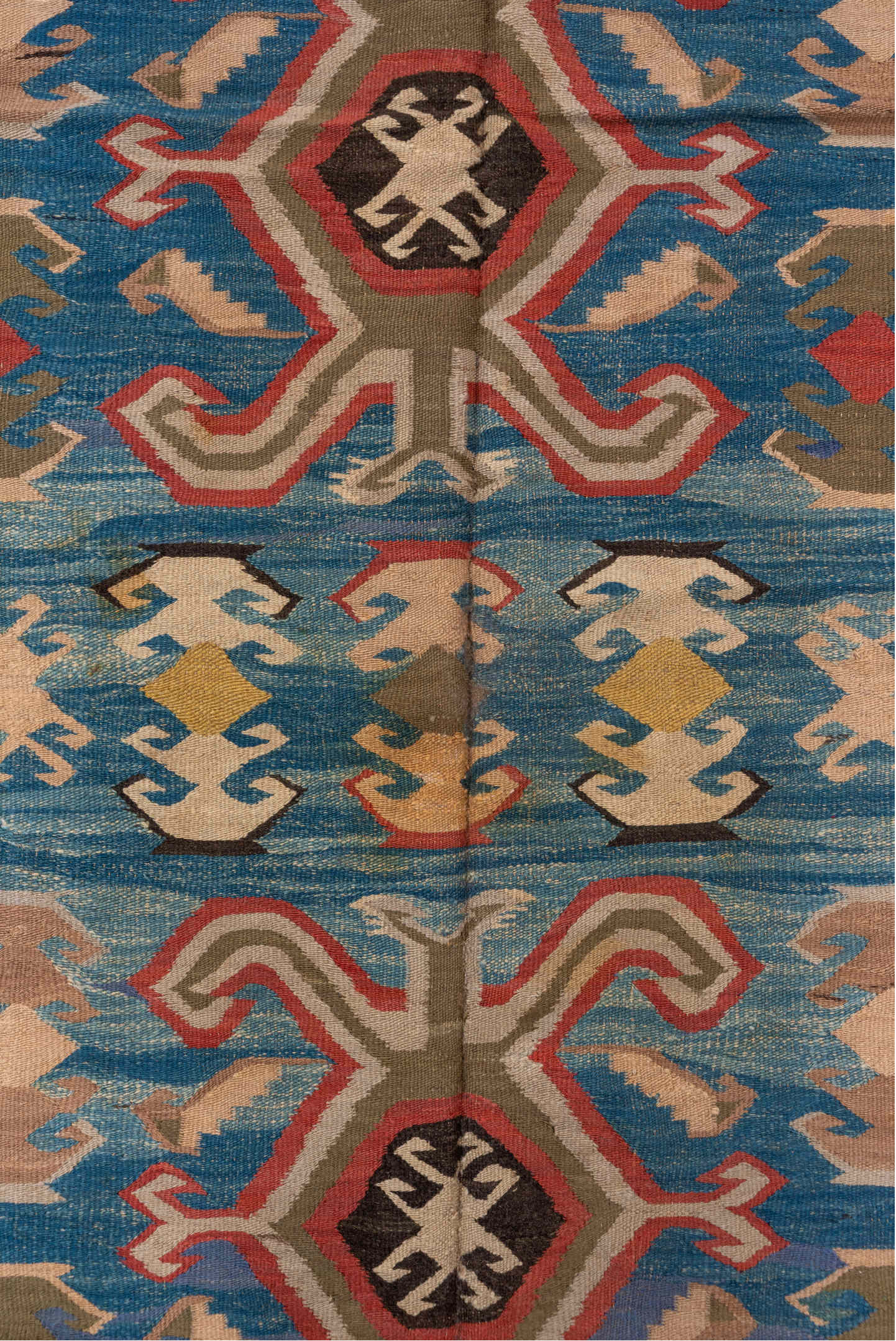 6' x 8' one-of-a-kind handmade vintage Besserabian medium size rug. Color palette: gray, brown, off-white, pink, blue