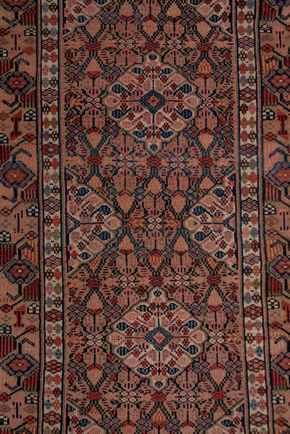 2' x 17' one-of-a-kind handmade vintage Cam Hamadan runner rug. Color palette: gray, pink, brown, red, off-white, dim gray