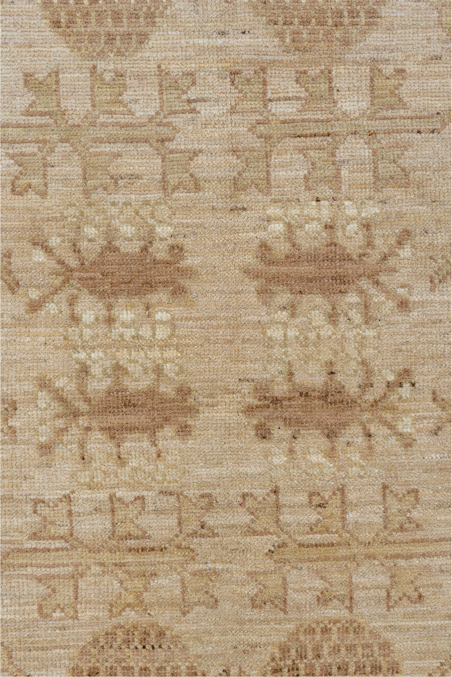 9' x 12' one-of-a-kind handmade vintage Khotan large size rug. Color palette: brown, gray, off-white, orange, pink, snow