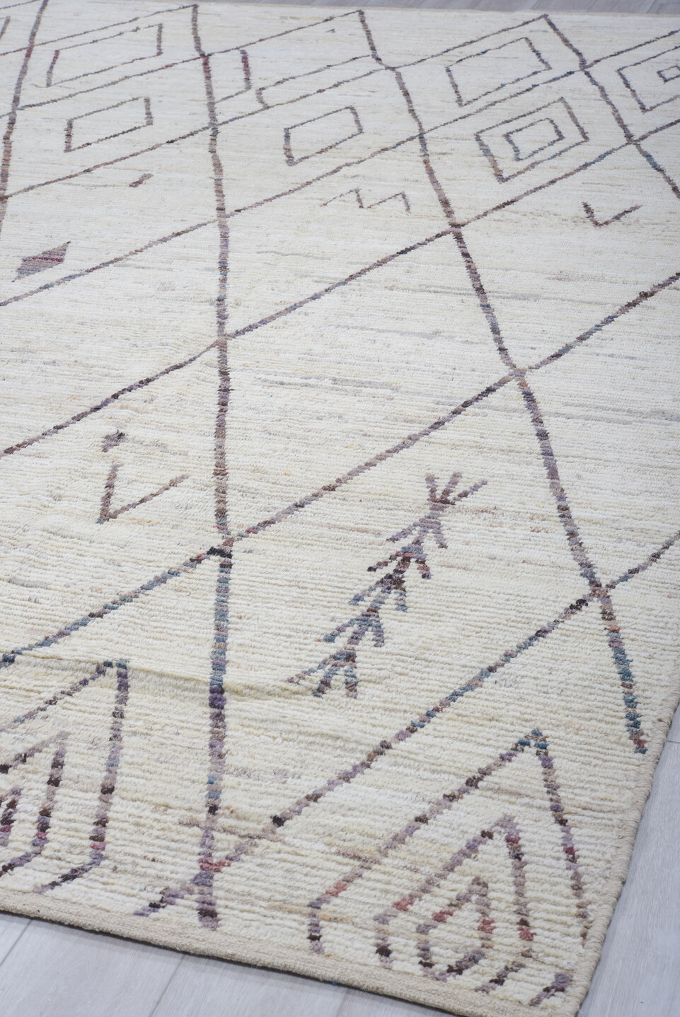 10' x 13' one-of-a-kind handmade vintage Tulu large size rug. Color palette: blue, dark gray, gainsboro, gray, light gray