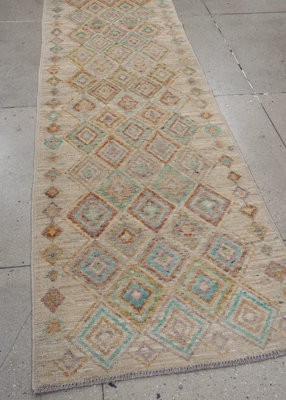 3' x 9' one-of-a-kind handmade vintage Kilim runner rug. Color palette: blue, brown, burlywood, gray, light gray, off-white