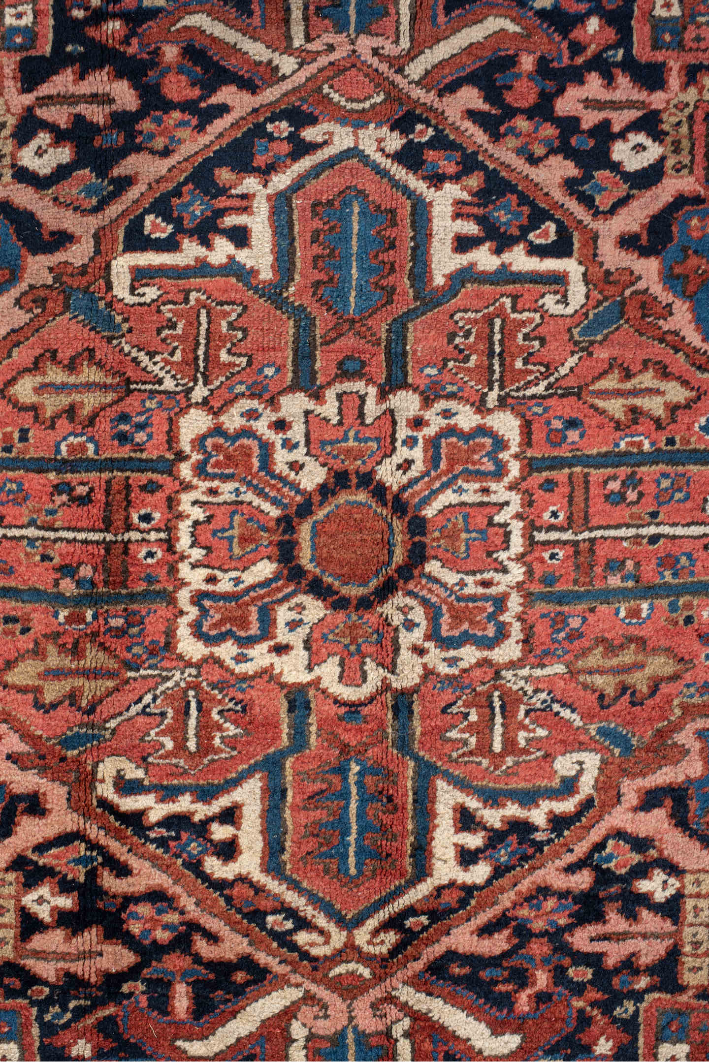9' x 10' one-of-a-kind handmade vintage Heriz large size rug. Color palette: brown, red, blue, gray, orange, off-white, pink