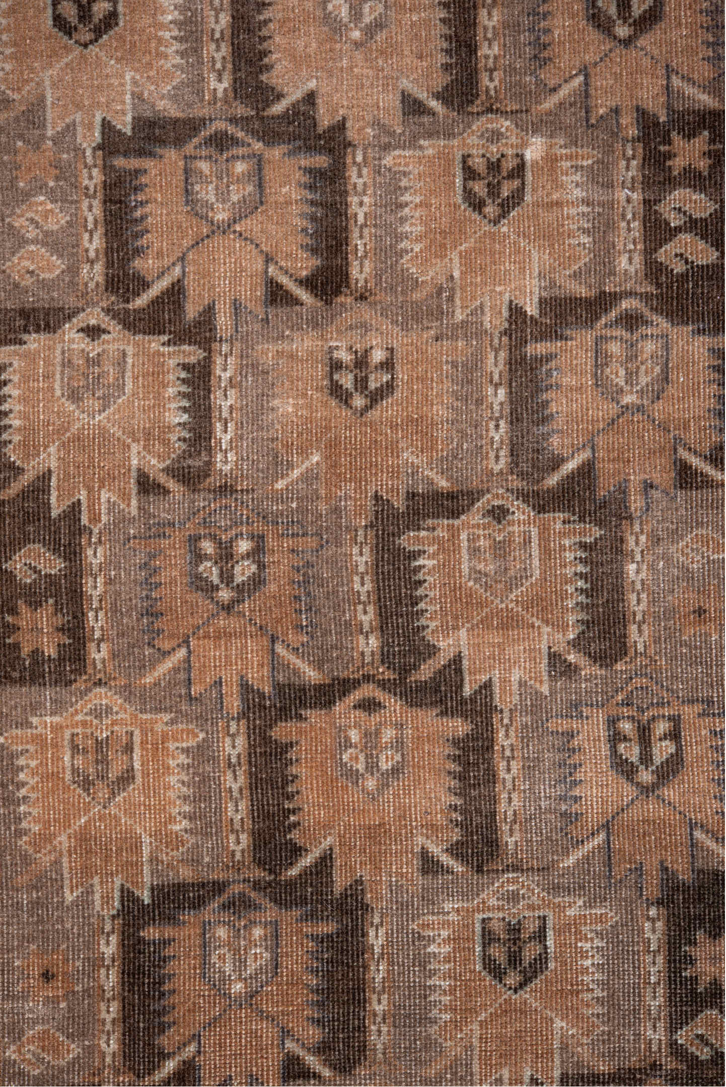 2' x 9' one-of-a-kind handmade vintage Belouch runner rug. Color palette: brown, gray, off-white, pink, snow, white