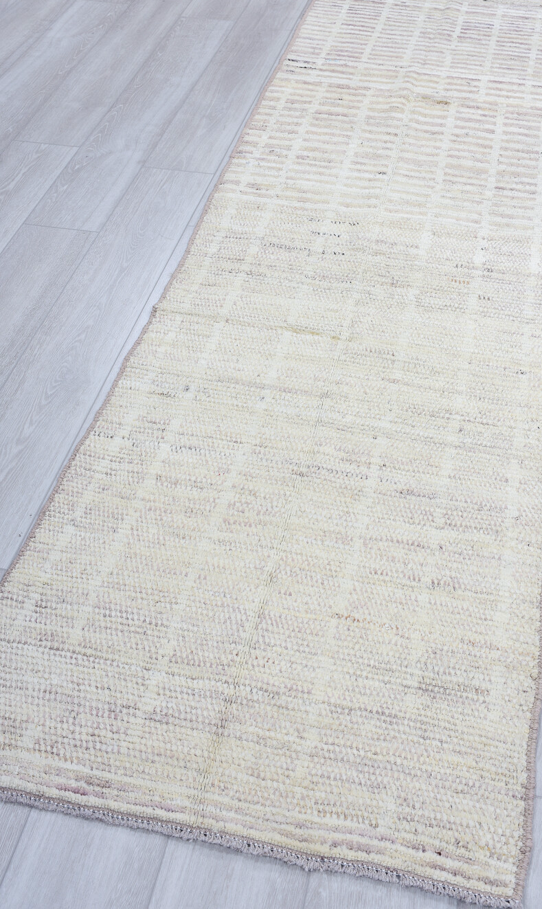 2' x 9' one-of-a-kind handmade vintage Tulu runner rug. Color palette: blue, dark gray, gainsboro, gray, light blue