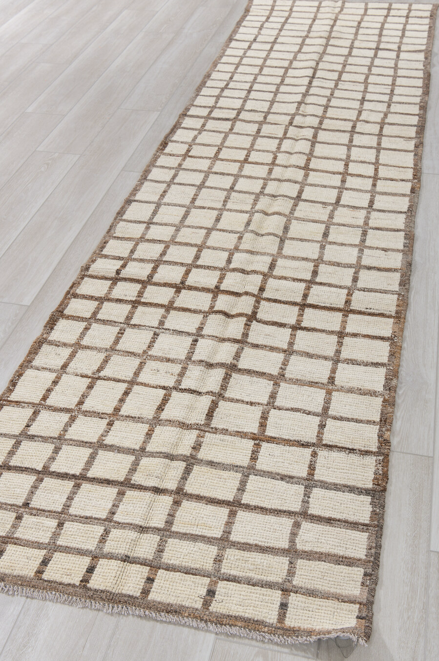 3' x 11' one-of-a-kind handmade vintage Tulu runner rug. Color palette: dark gray, gray, light gray, off-white, silver