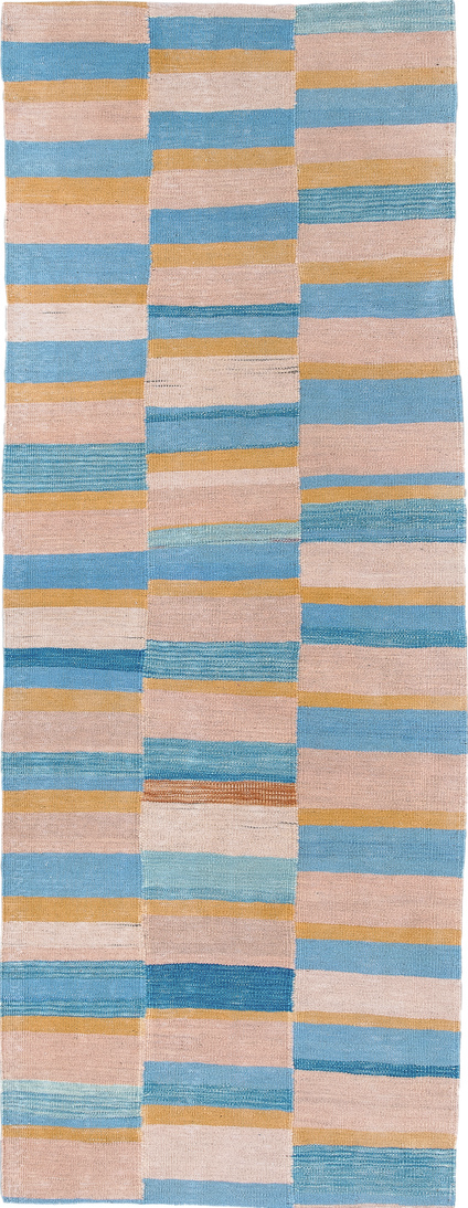 2' x 6' one-of-a-kind handmade vintage Kilim runner rug. Color palette: blue, brown, gray, light blue, light gray, off-white