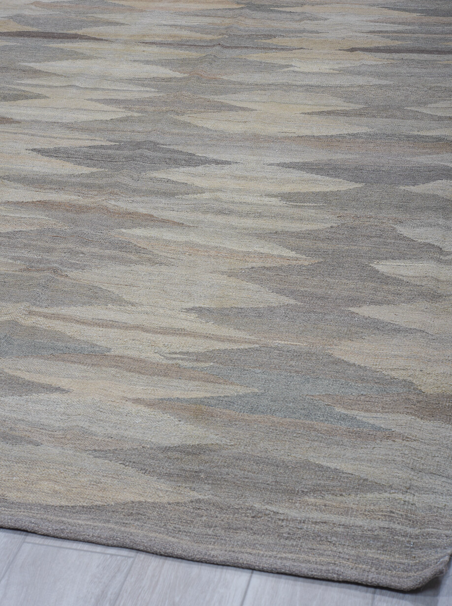 8' x 12' one-of-a-kind handmade vintage Kilim large size rug. Color palette: black, blue, charcoal, dim gray, gray