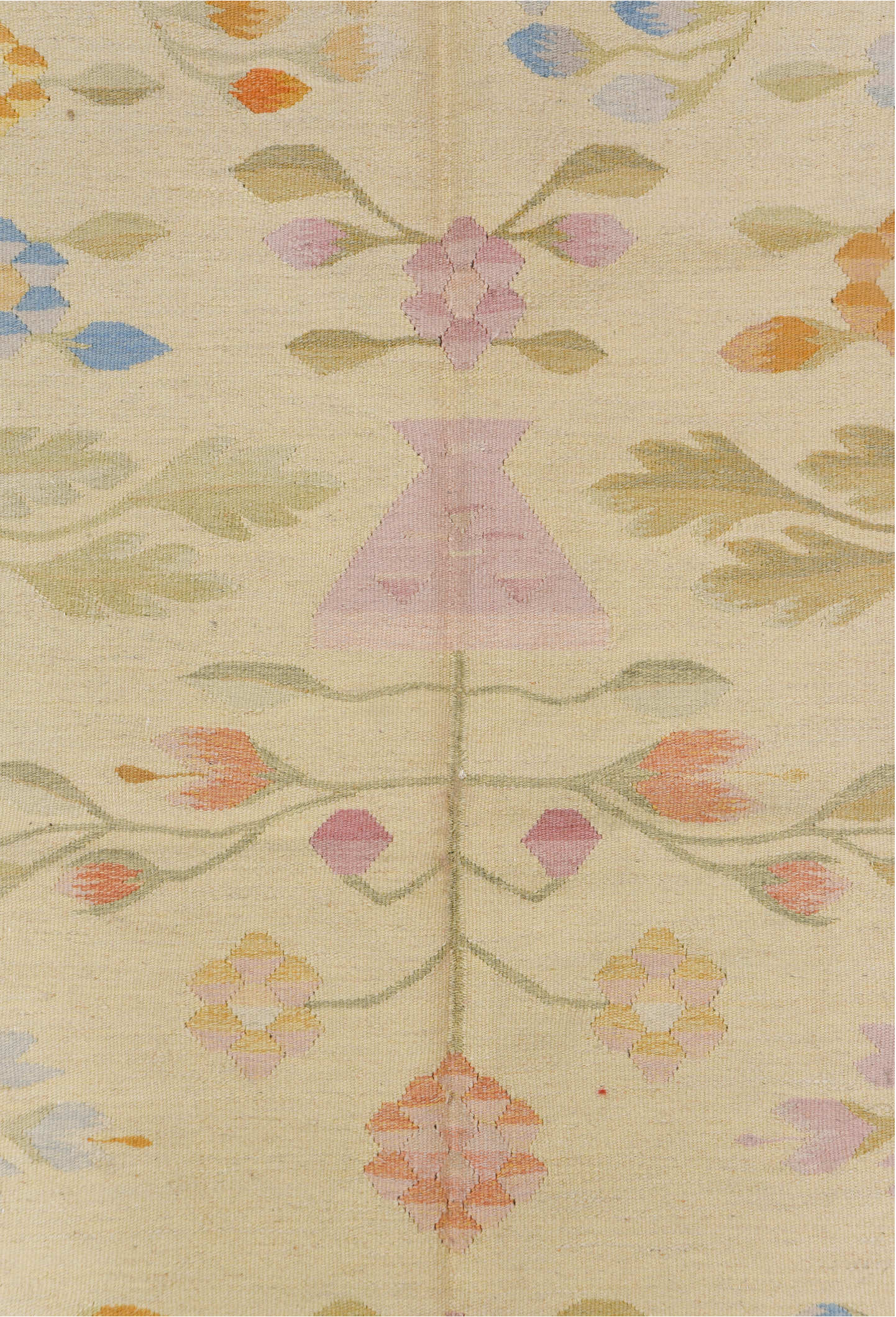 4' x 7' one-of-a-kind handmade vintage Besserabian rug. Color palette: pink, off-white, gray, light gray, brown, orange