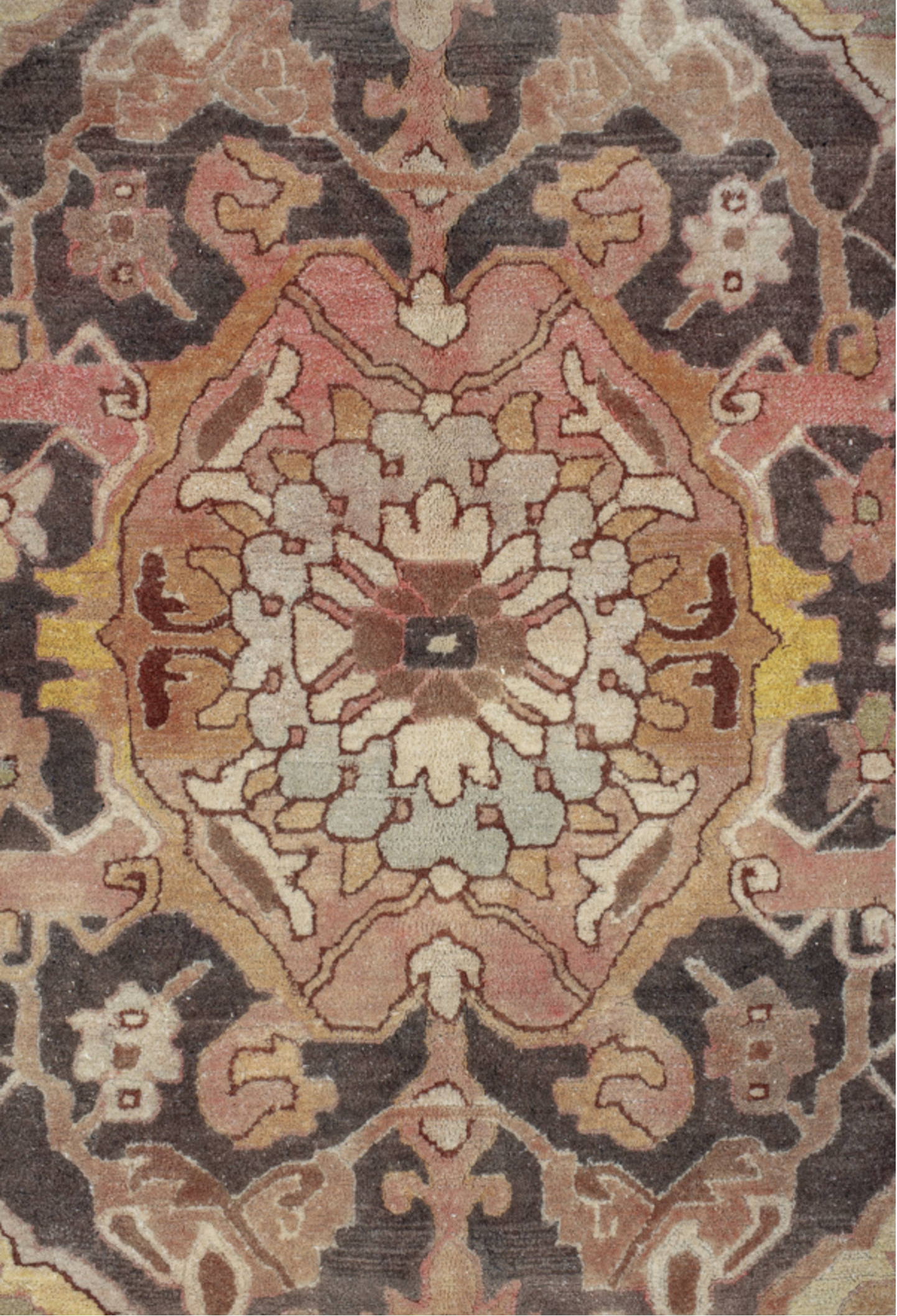 9' x 12' one-of-a-kind handmade vintage Hooked large size rug. Color palette: light gray, off-white, gray, pink, brown