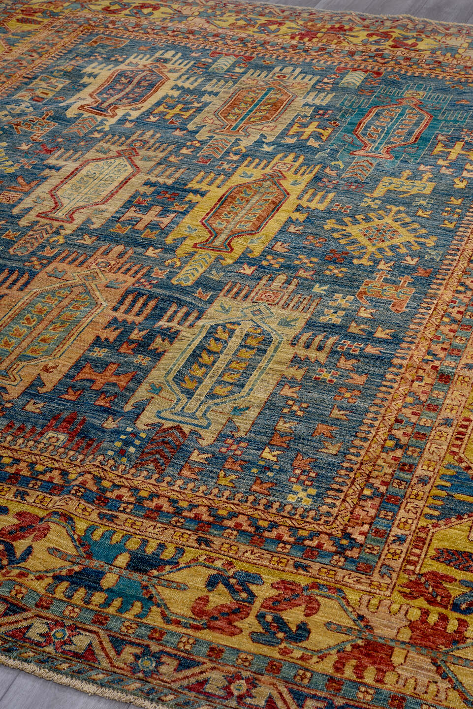 8' x 9' one-of-a-kind handmade vintage Afghan rug. Color palette: arapawa, black, blue, brown, charcoal, gray, light gray