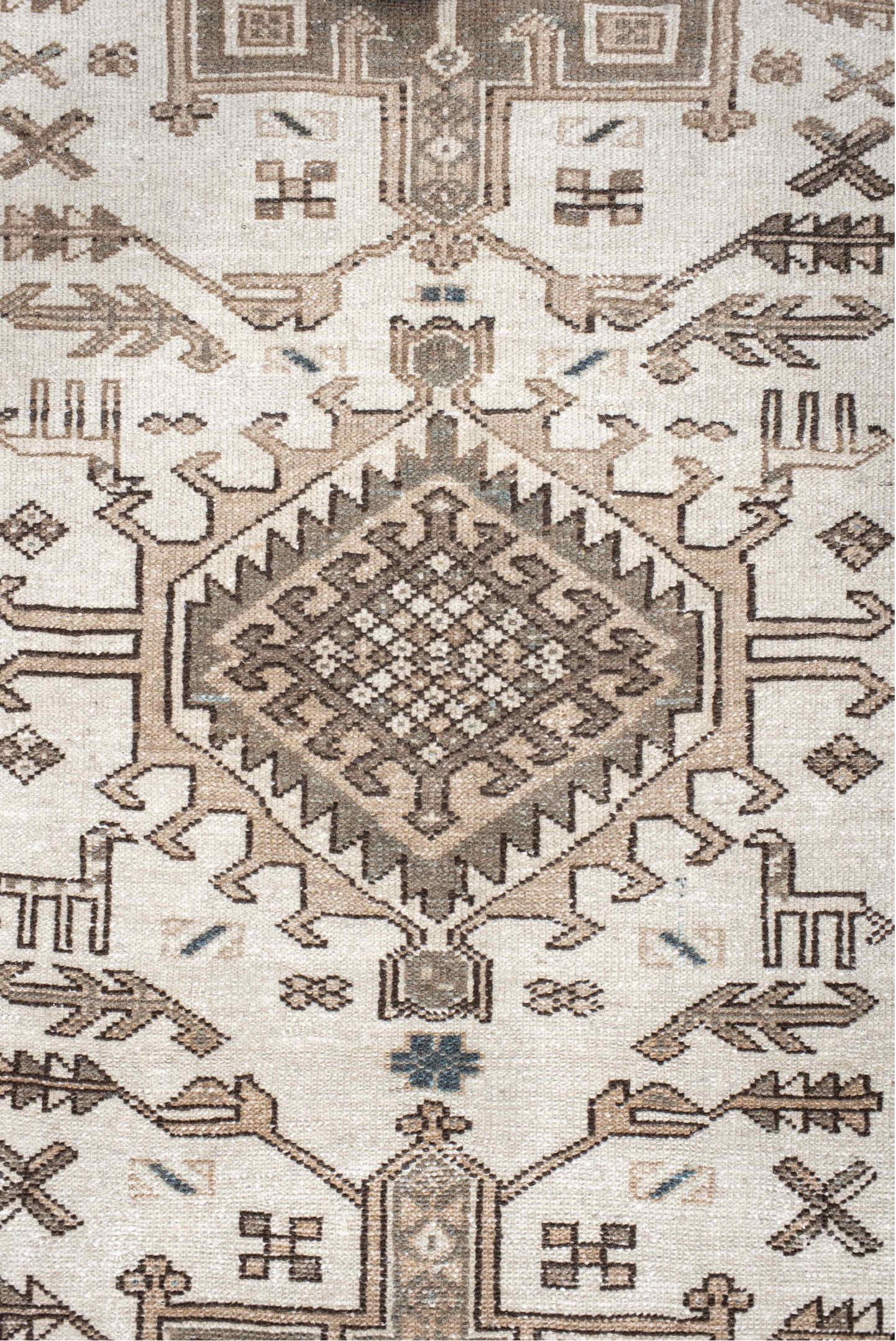 3' x 6' one-of-a-kind handmade vintage Karaje runner rug. Color palette: black, blue, charcoal, dim gray, floral white