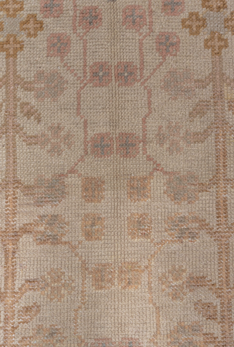 6' x 9' one-of-a-kind handmade vintage Oushak medium size rug. Color palette: brown, gray, light gray, pink
