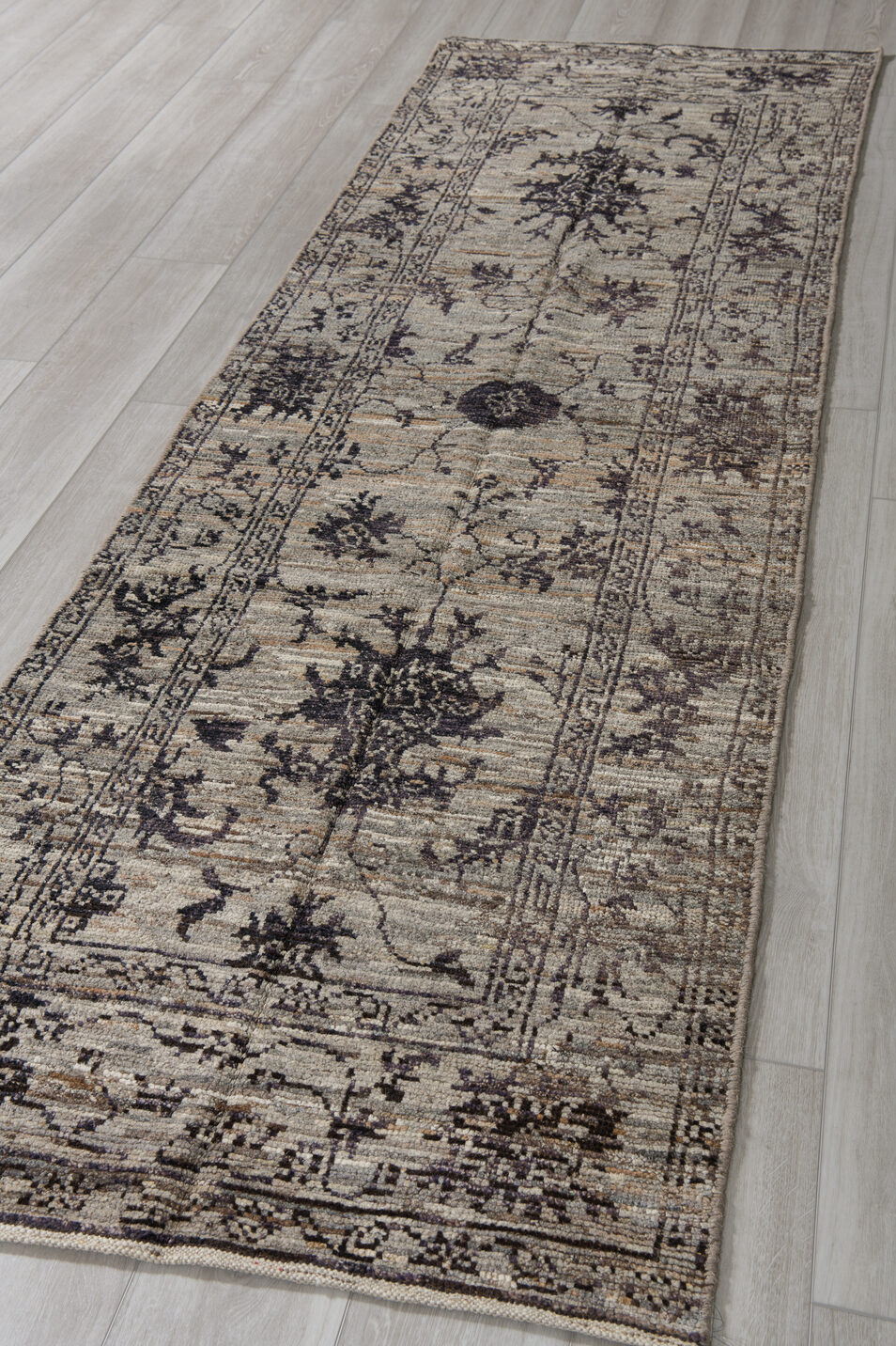3' x 9' one-of-a-kind handmade vintage Tulu runner rug. Color palette: black, blue, dark gray, dim gray, gray, light gray