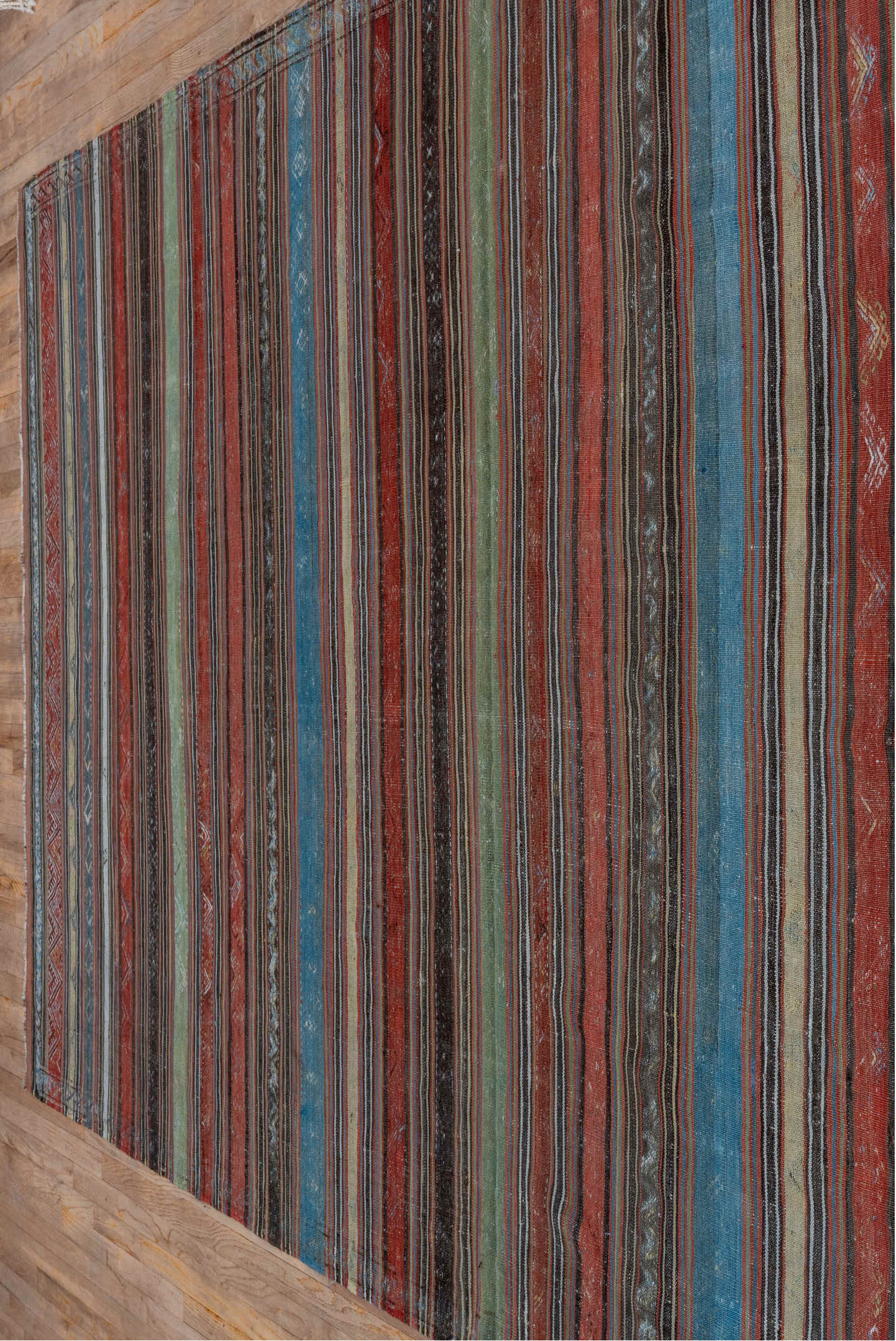 6' x 14' one-of-a-kind handmade vintage Kilim large size rug. Color palette: arapawa, black, blue, brown, dark gray, gray