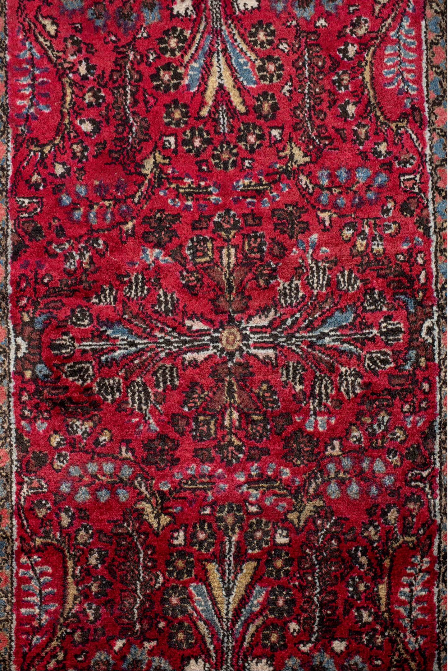2' x 4' one-of-a-kind handmade vintage Dargazin small size rug. Color palette: red, pink, light gray, gray, off-white