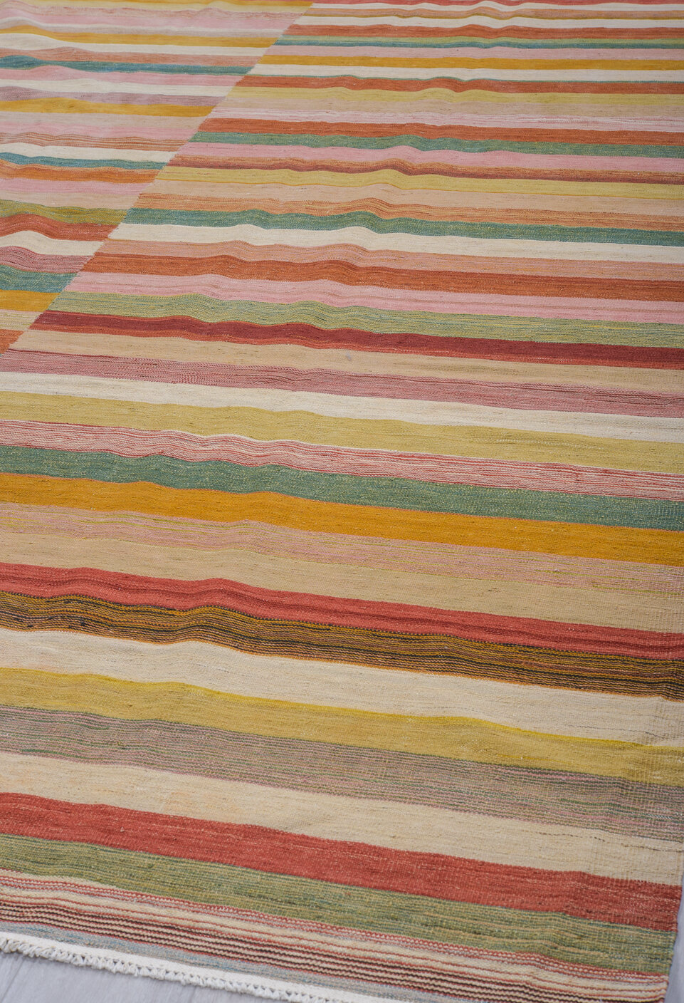 8' x 11' one-of-a-kind handmade vintage Kilim large size rug. Color palette: brown, gray, light gray, off-white, pink