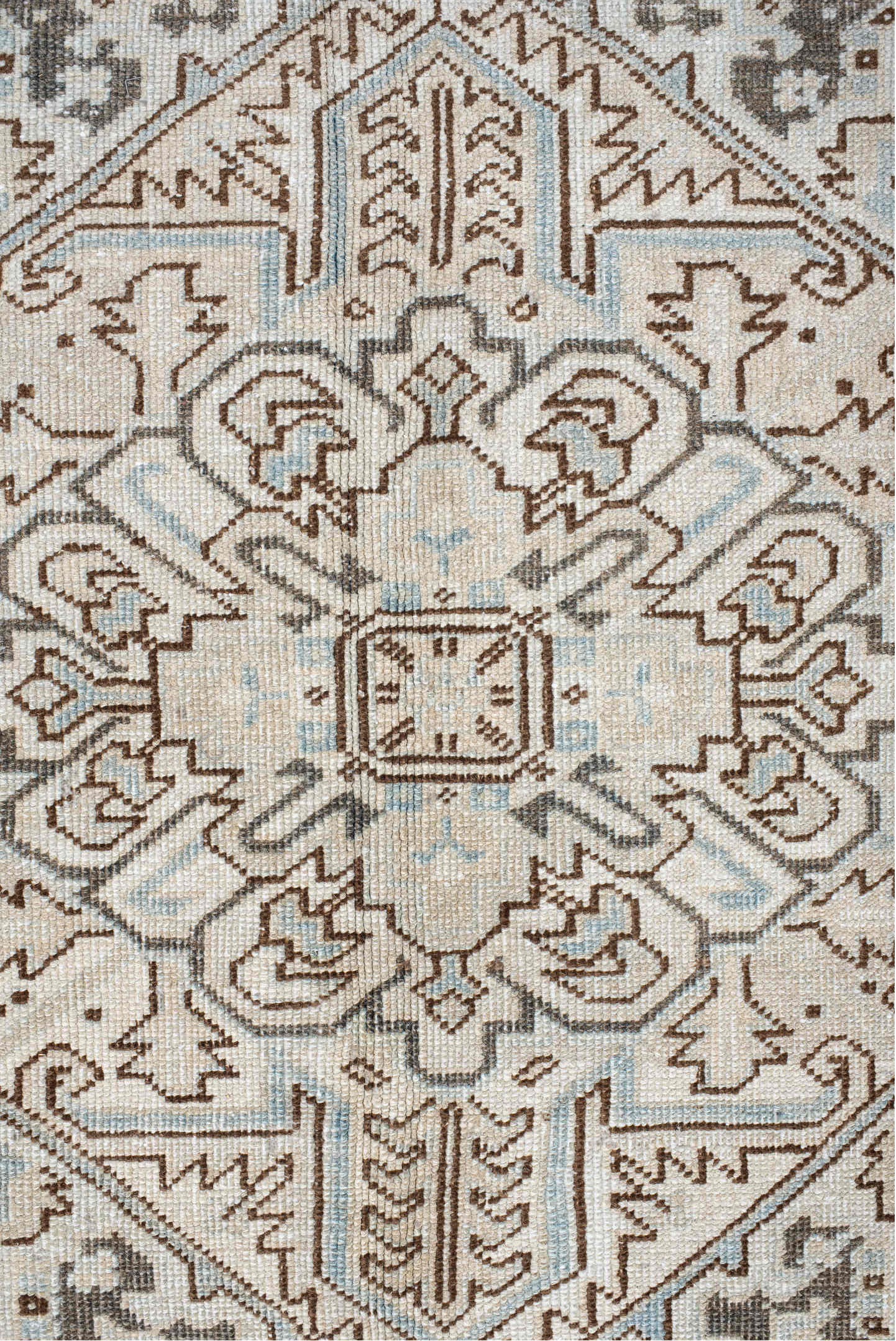 9' x 13' one-of-a-kind handmade vintage Heriz large size rug. Color palette: pink, off-white, gray, light gray, brown, linen