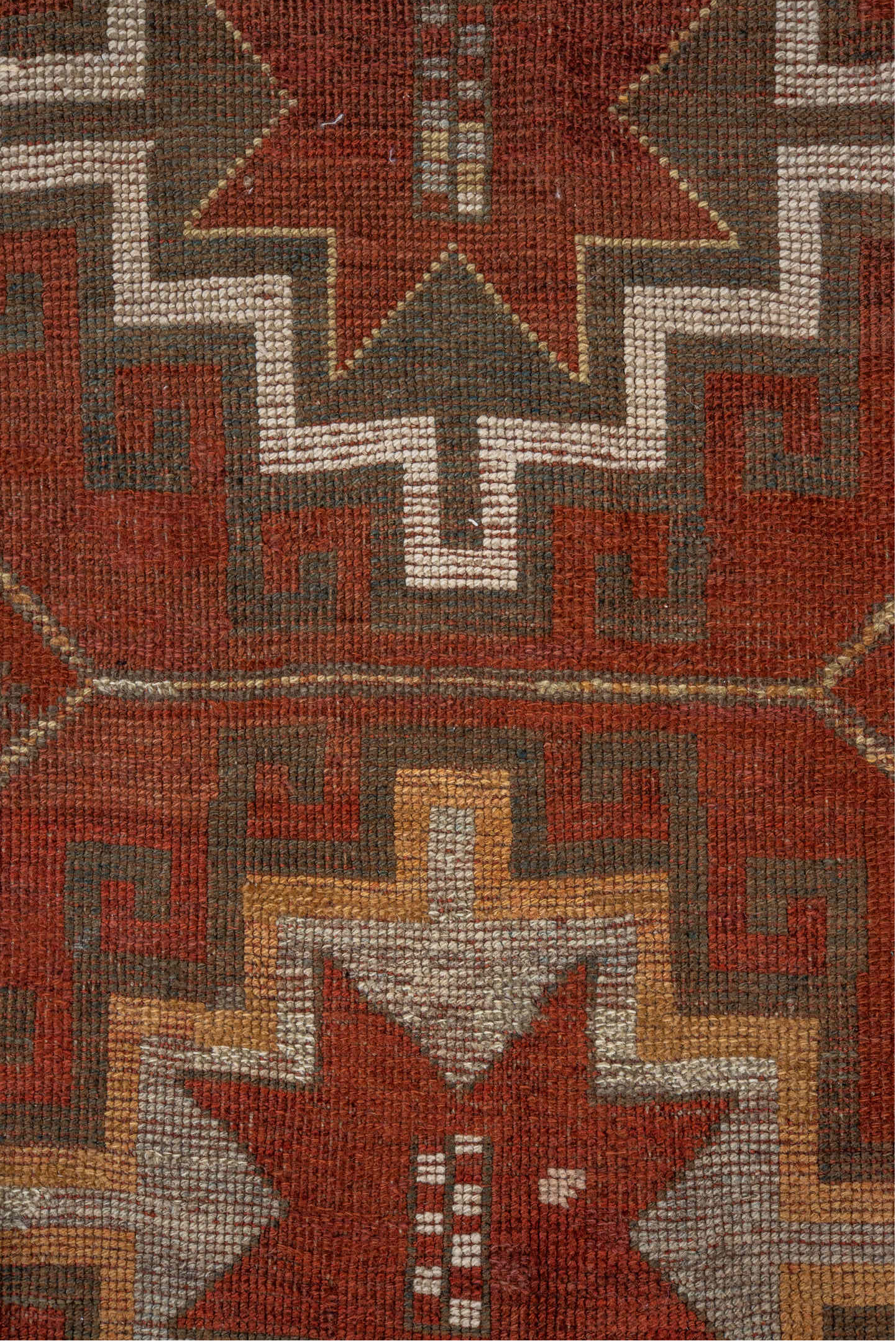 3' x 9' one-of-a-kind handmade vintage Caucasian runner rug. Color palette: brown, off-white, snow, white, whitesmoke