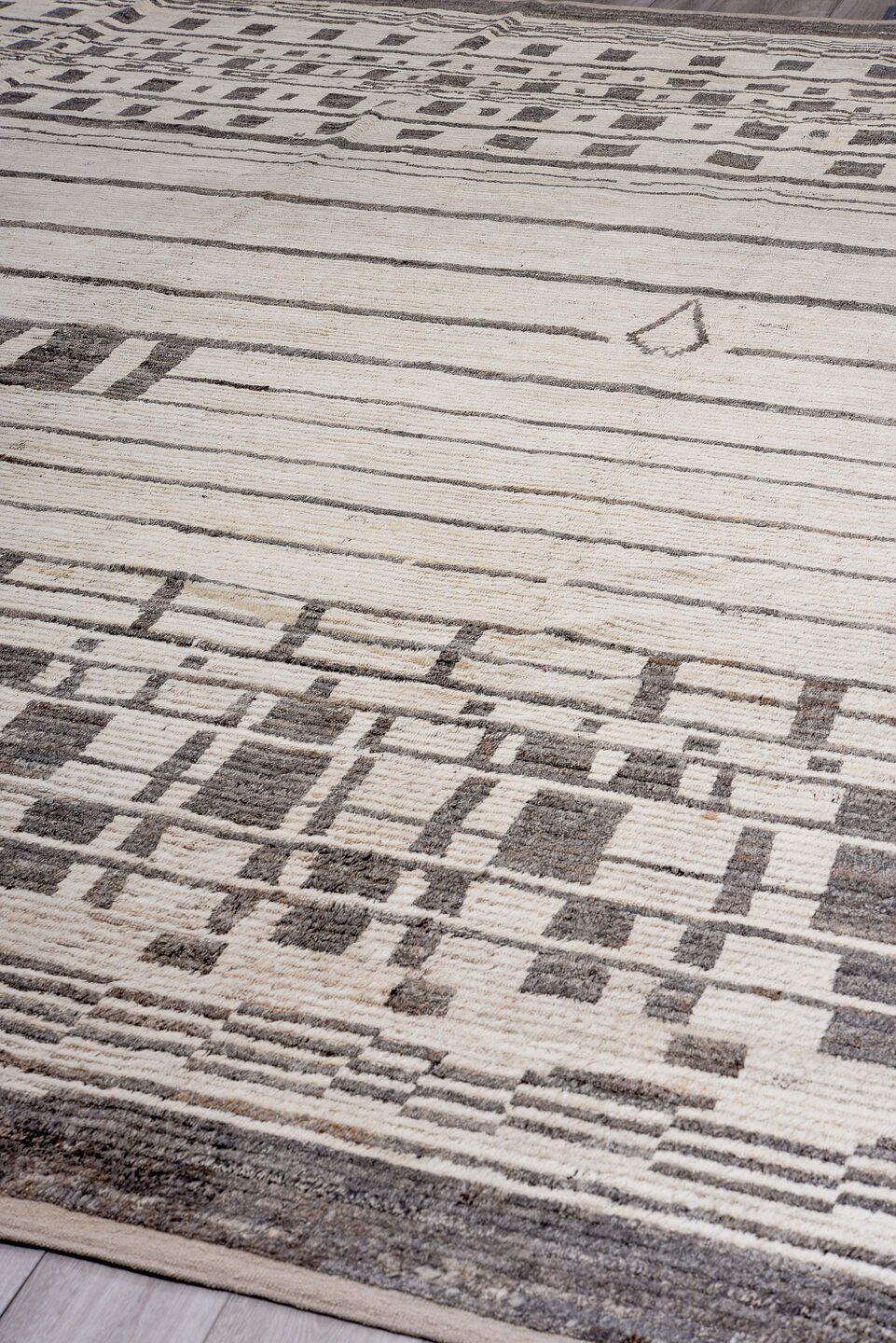 14' x 17' one-of-a-kind handmade vintage Tulu oversize rug. Color palette: black, charcoal, dim gray, gainsboro, gray