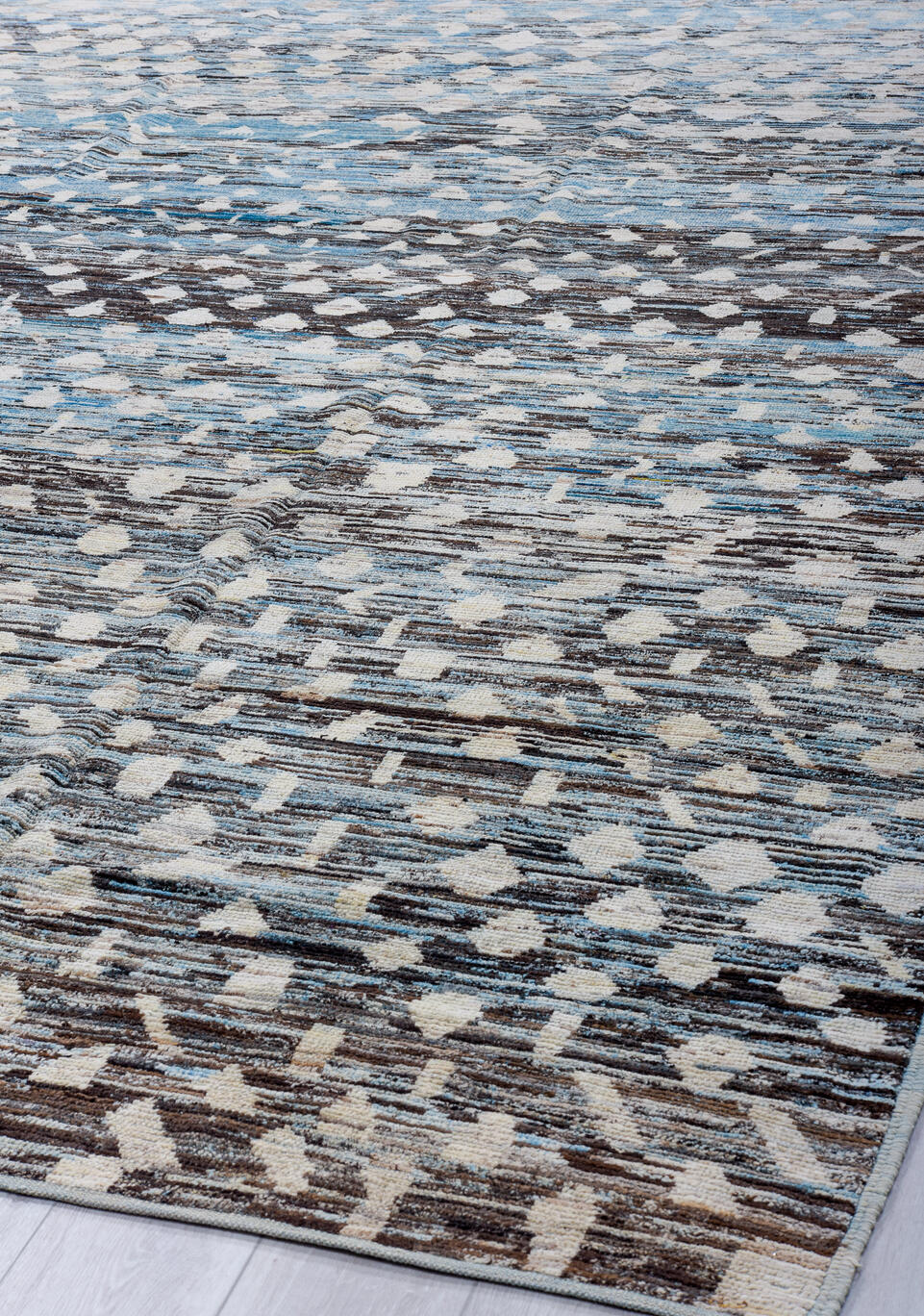 9' x 13' one-of-a-kind handmade vintage Tulu large size rug. Color palette: black, blue, dim gray, gainsboro, gray