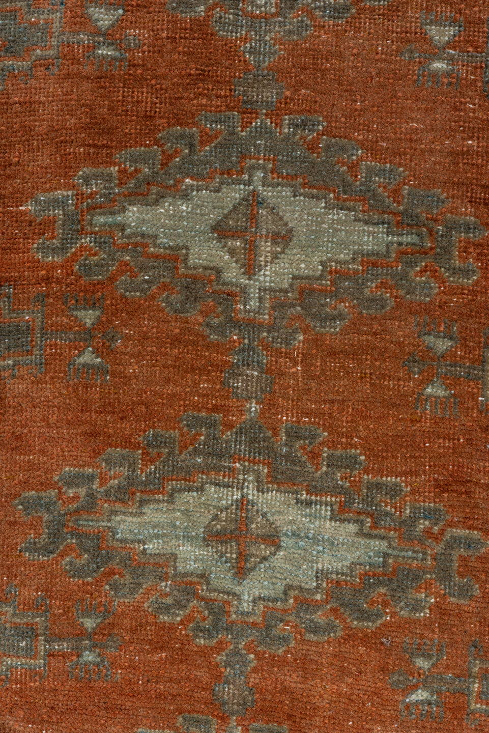3' x 10' one-of-a-kind handmade vintage Veece runner rug. Color palette: brown, gray, light gray, off-white, pink, sienna