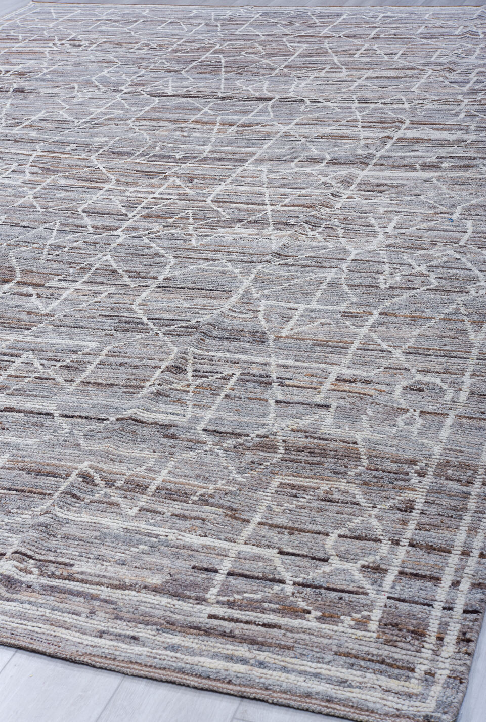 9' x 12' one-of-a-kind handmade vintage Tulu large size rug. Color palette: blue, gainsboro, gray, light blue, light gray