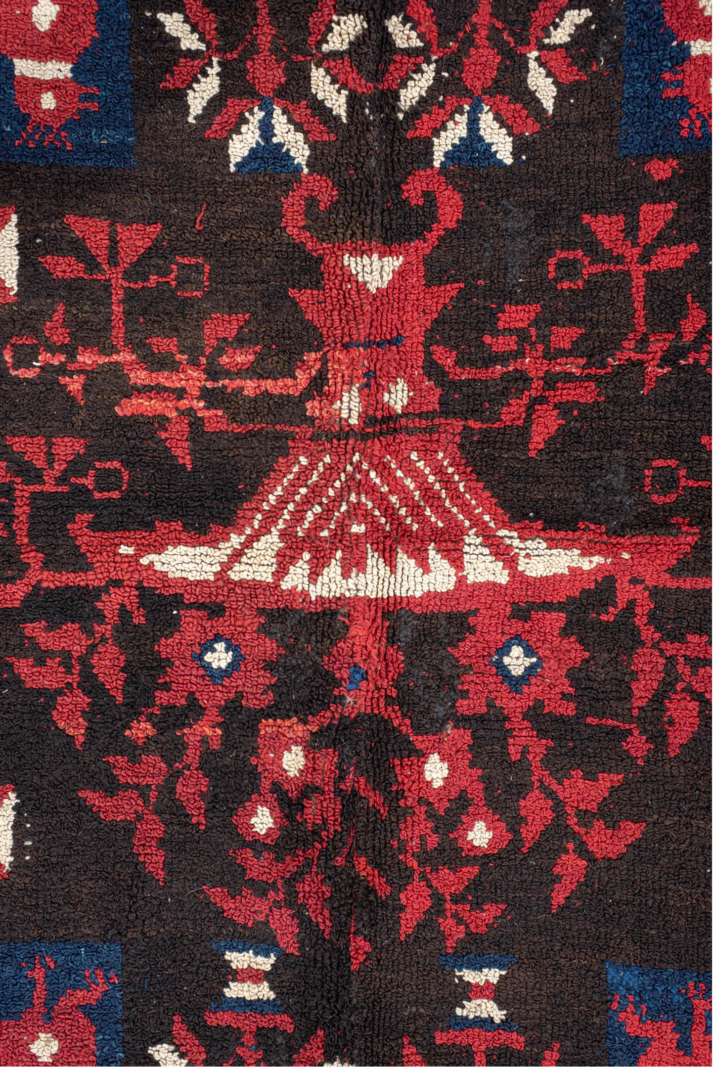 5' x 7' one-of-a-kind handmade vintage European rug. Color palette: off-white, pink, gray, blue, red, brown, black, charcoal