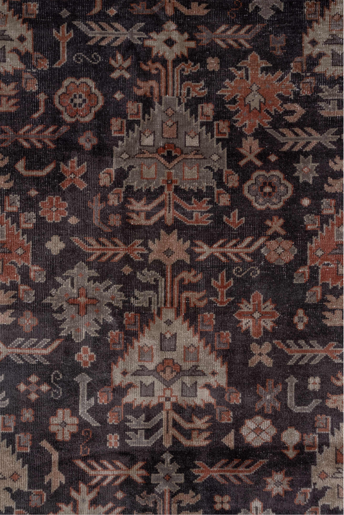 5' x 12' one-of-a-kind handmade vintage Sparta rug. Color palette: black, brown, charcoal, dim gray, gray, red, redwood