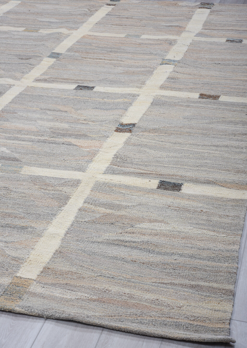 9' x 11' one-of-a-kind handmade vintage Kilim large size rug. Color palette: dark gray, gray, light blue, light gray