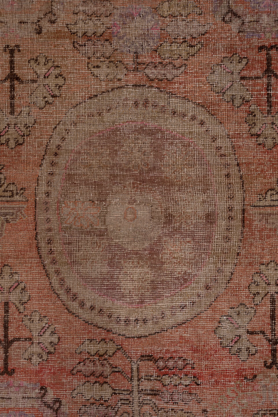 4' x 9' one-of-a-kind handmade vintage Khotan runner rug. Color palette: brown, gray, pink, red