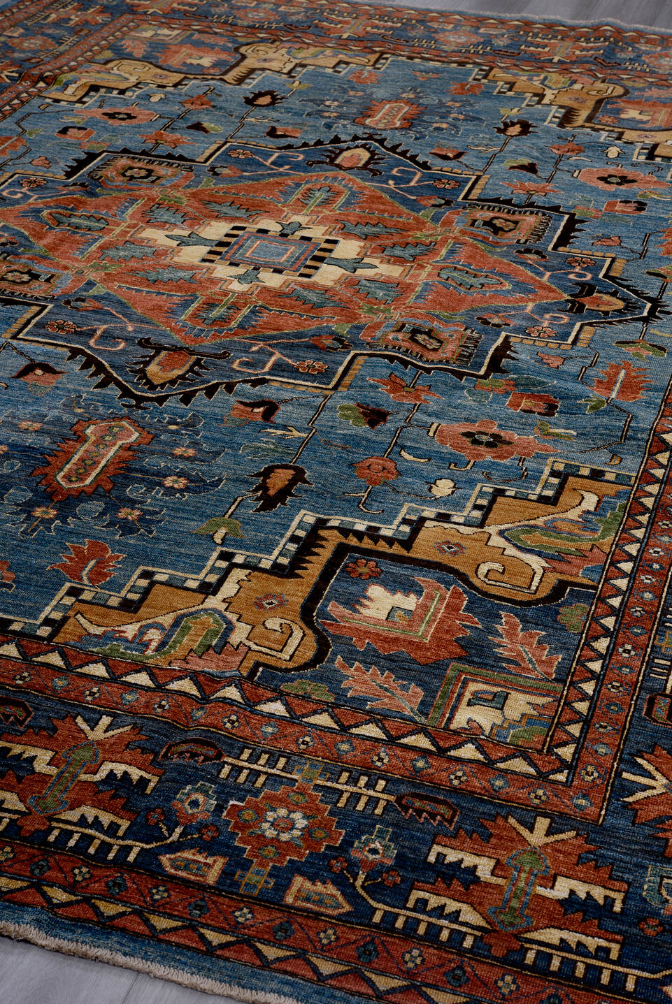 8' x 11' one-of-a-kind handmade vintage Afghan large size rug. Color palette: blue, brown, gray, light slate gray, off-white