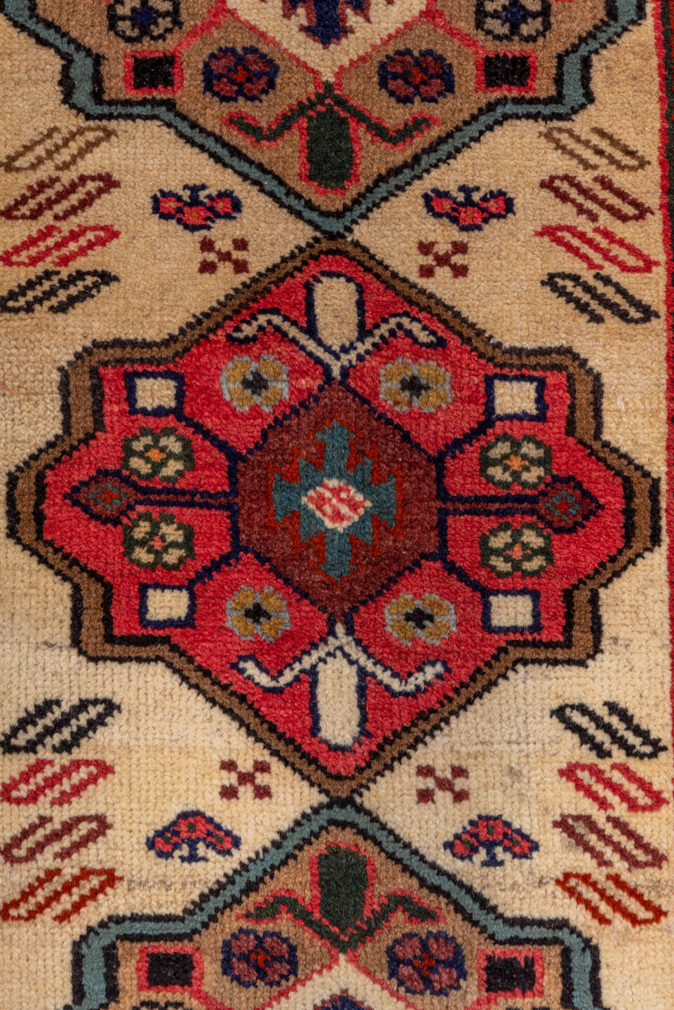 2' x 10' one-of-a-kind handmade vintage Veece runner rug. Color palette: brown, gray, orange, pink, red, tan