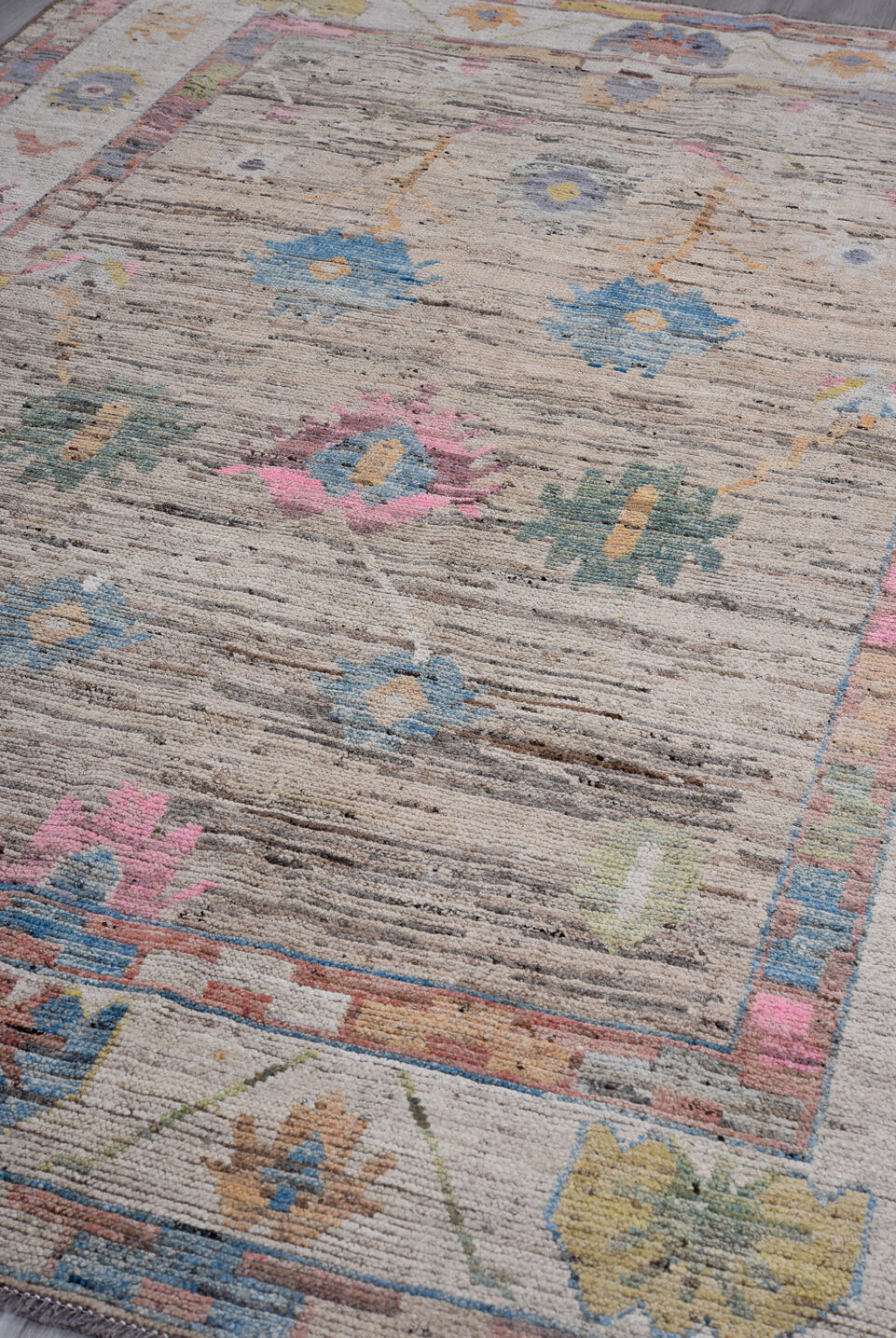 6' x 9' one-of-a-kind handmade vintage Oushak medium size rug. Color palette: black, blue, brown, burlywood, charcoal